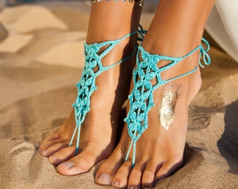 Turquoise Barefoot Sandal, Feet thongs, Crochet Foot jewelry, Women's Fashion Accessory, Beach sandal, Gift for her, Unique gift