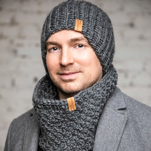Men Chunky Knit hat, Bulky Knit beanie, Gray hat men&#39;s, Winter warm toque men, Alpaca wool Knitted cap, Toboggan cap