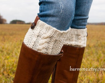 White Boot topper with leather and wooden button trim, Cable Knit UGG Boot Toppers, Knee socks, Women Winter Fashion Accessory,  Girls gift