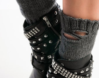 Ripped Boot socks, Grey Boot Cuffs with two holes, Distressed Boot Toppers, Merino wool socks, Cute leg warmers, Fashion Trend, Steampunk