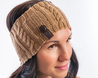 Cable Knit Headband Hand knitted head wrap Merino wool knit ear warmer Winter accessory sweater headband Gift idea Soft head wrap in Brown