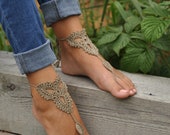 Crochet Tan Barefoot Sandals, Taupe Nude shoes, Foot jewelry, Wedding, Victorian Lace, Sexy, Yoga, Anklet, Bellydance, Beach Pool