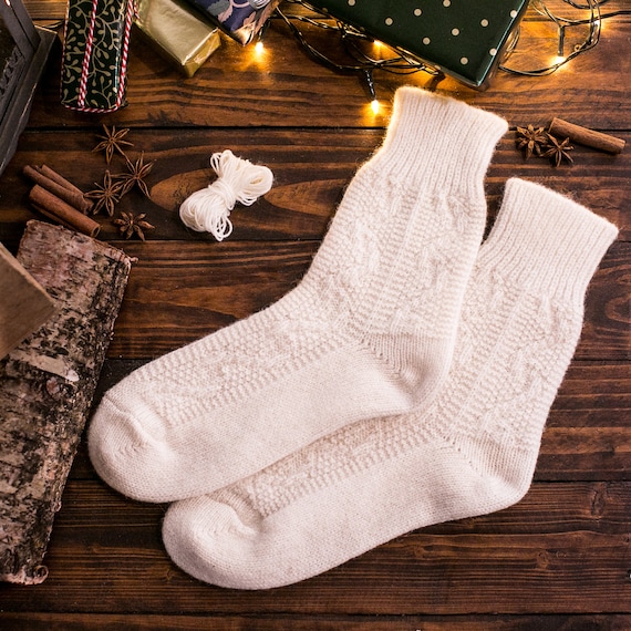 Calcetines de lana mujer, calcetines blancos hechos a mano mujeres