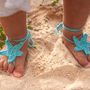 Aqua Starfish Crochet Baby Barefoot Sandals, Baby Foot accessories, Photo prop, Beach Pool Anklet, Lace Sandals, Turquoise barefoot sandals