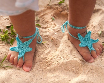 Aqua Starfish Crochet Baby Barefoot Sandals, Baby Foot accessories, Photo prop, Beach Pool Anklet, Lace Sandals, Turquoise barefoot sandals