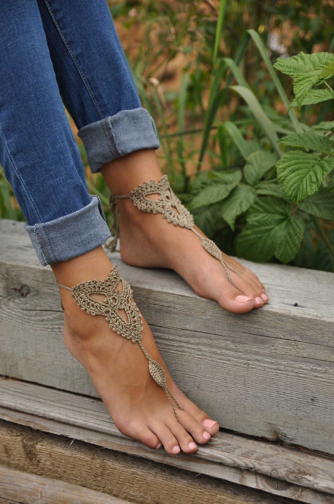 Crochet Tan Barefoot Sandals Taupe Nude Shoes Foot Jewelry