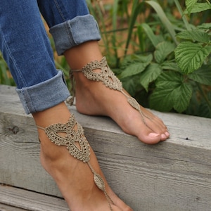 Crochet Tan Barefoot Sandals, Taupe Nude shoes, Foot jewelry, Wedding, Victorian Lace, Sexy, Yoga, Anklet, Bellydance, Beach Pool image 1