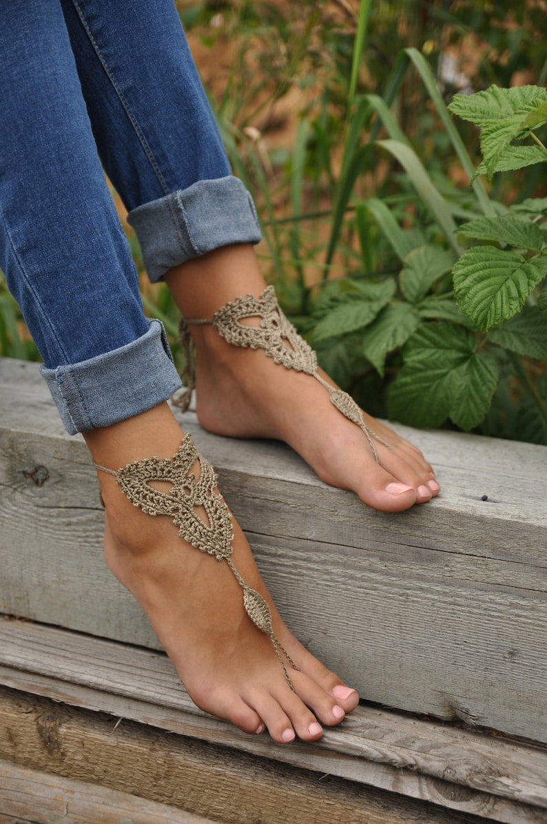 Crochet Tan Barefoot Sandals, Taupe Nude shoes, Foot jewelry, Wedding, Victorian Lace, Sexy, Yoga, Anklet, Bellydance, Beach Pool image 1