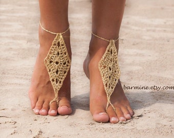 Gold Barefoot Sandals, Metallic gold thread crocheted footless sandals, Foot jewelry, Lace shoes, Bridal party, Destination wedding