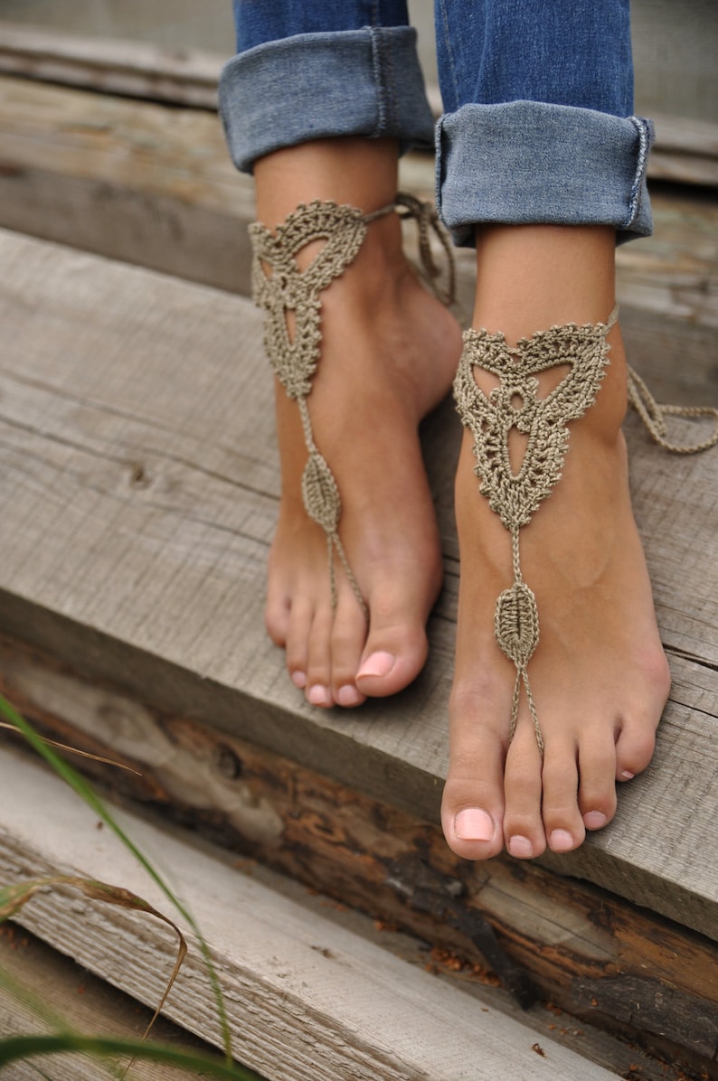 Crochet Tan Barefoot Sandals, Taupe Nude shoes, Foot jewelry, Wedding, Victorian Lace, Sexy, Yoga, Anklet, Bellydance, Beach Pool image 4