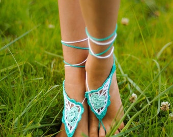 Mint Paisley Crochet Barefoot sandals Nude shoes, Foot jewelry, Victorian Lace, Sexy Yoga Anklet, Feet thongs, Bridesmaid accessories