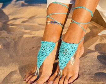 Turquoise Barefoot Sandal, Feet thongs, Crochet Foot jewelry, Women's Fashion Accessory, Gift for her, Gift for girlfriend, Bridesmaids gift