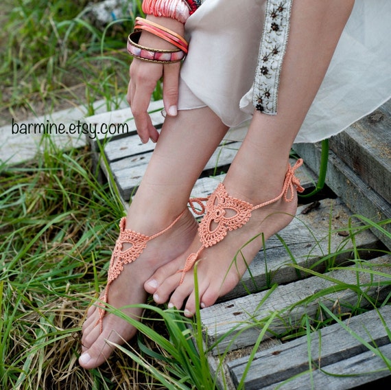 Peach Crochet Barefoot Sandals, Nude Shoes, Foot Jewelry