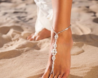 Sandales aux pieds nus sandales aux pieds nus perles perlées nuptiale bijoux cristal et perle plage mariage sandales pieds nus accessoire