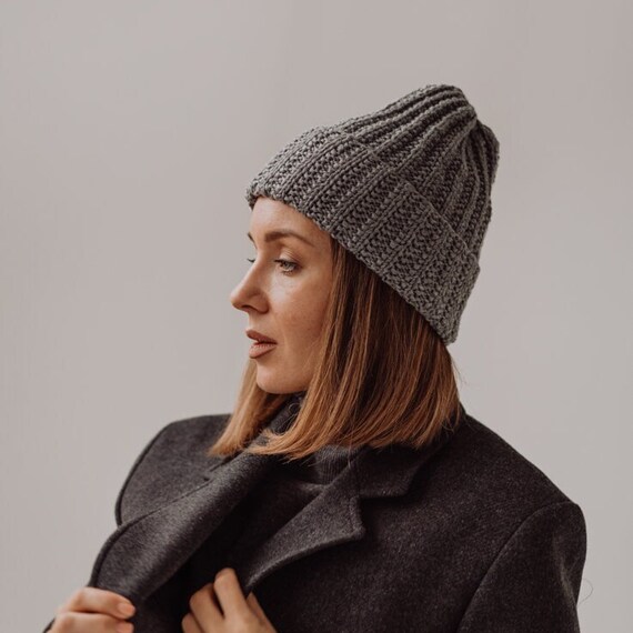 Bonnet en laine mérinos, bonnet en tricot côtelé pour femme en