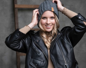 Graue Grobstrick Beanie Damen, GrobstrickMütze, Alpakawolle grobstrick Mütze für Frauen, Große grobstrick Wintermütze, Geschenk für sie