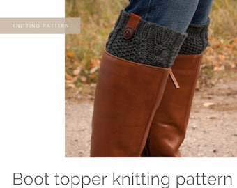 May include: Knitting pattern for boot toppers. The pattern is for personal and non-profit use only. The pattern includes instructions for knitting a pair of gray boot toppers with a button detail. The difficulty level is indicated by five squares, with four filled in and one empty.