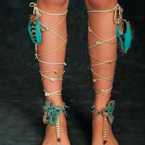 Hippie Festival Barefoot Sandals, Tribal Crochet Foot Jewelry, Yoga wear, Boho Anklet, Feather bohemian jewelry Turquoise beads TEAL
