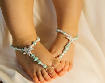 Starfish barefoot sandals baby girl, Turquoise barefoot sandal, Beach wedding Flower Girl beaded anklet, Baby girl Shower Gift Baptism shoes