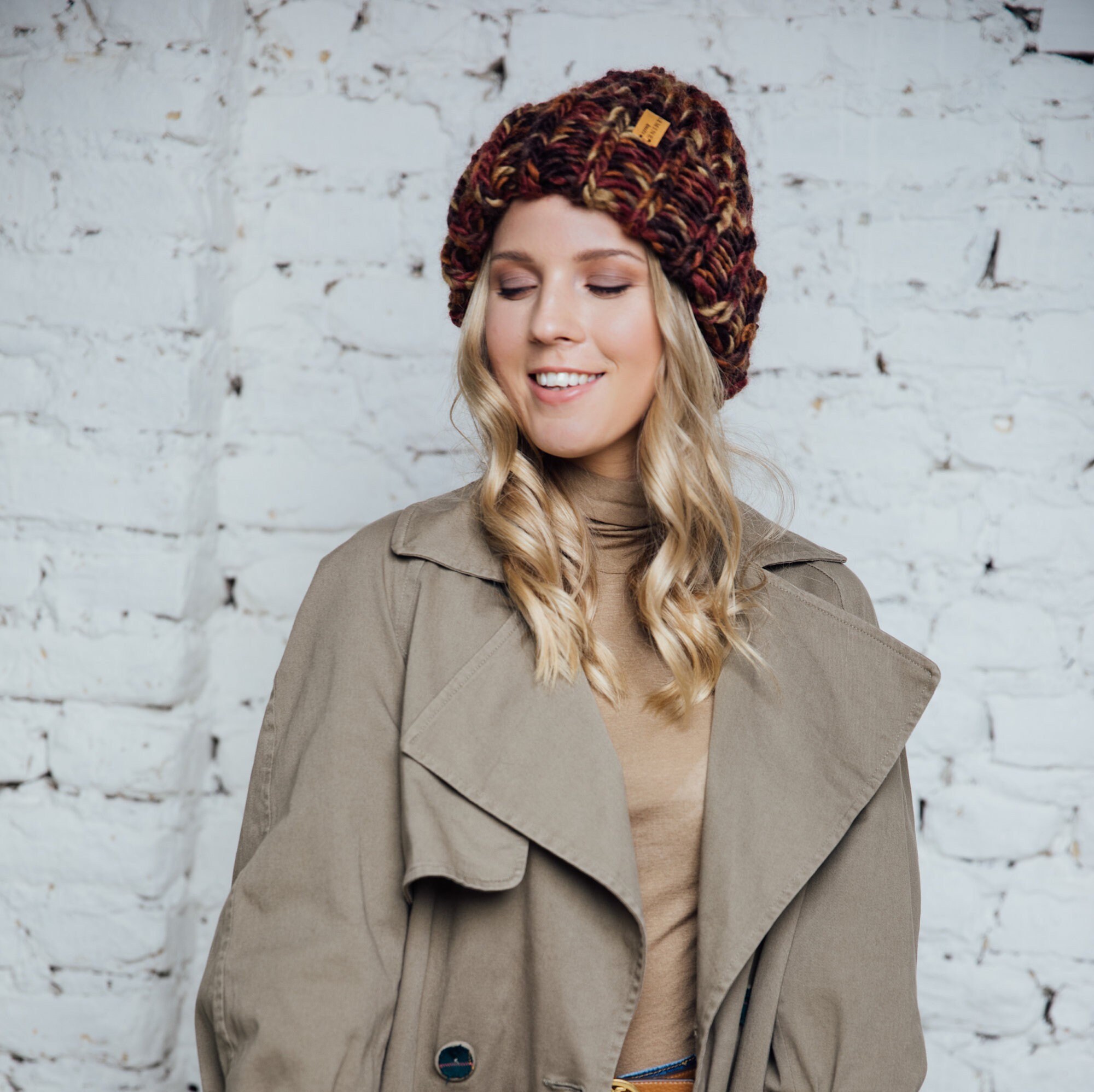 Knit Hat Women Chunky Knit Beanie Rust 