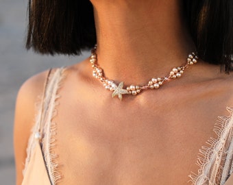 Collier étoile de mer en or rose, bijoux de mariée de mariage sur la plage, collier de mariée de mariage de destination, étoile de mer en strass perlé, perles de haute qualité