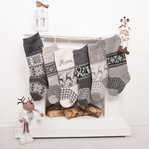 Knit Christmas stockings Personalised Christmas Stockings, wool handmade Christmas stockings, family holiday stockings, Embroidered, name
