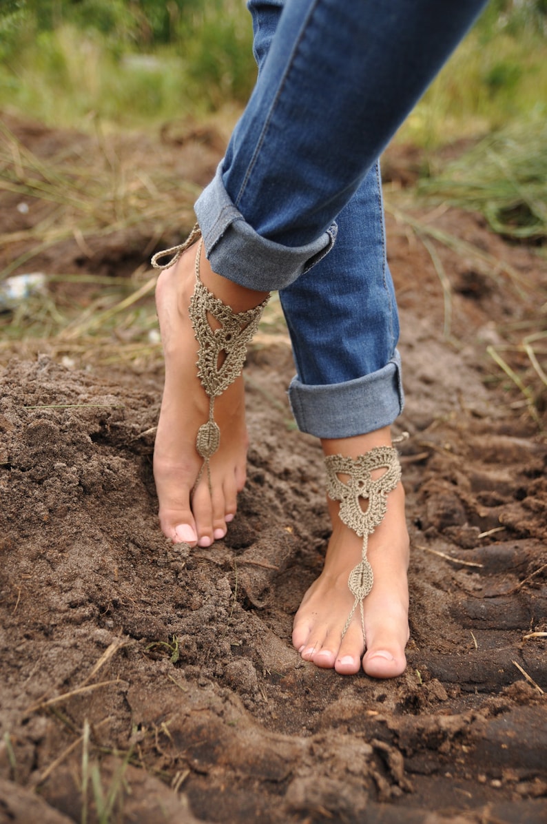 Crochet Tan Barefoot Sandals, Taupe Nude shoes, Foot jewelry, Wedding, Victorian Lace, Sexy, Yoga, Anklet, Bellydance, Beach Pool image 3