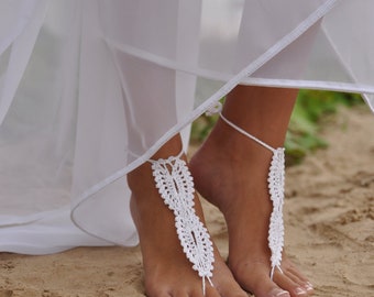 Sandales pieds nus de mariée Sandales blanches en crochet pieds nus Bijoux Bijoux pieds nus de plage Mariage pieds nus Sandales en dentelle Chaussures de plage Sandales de mariage