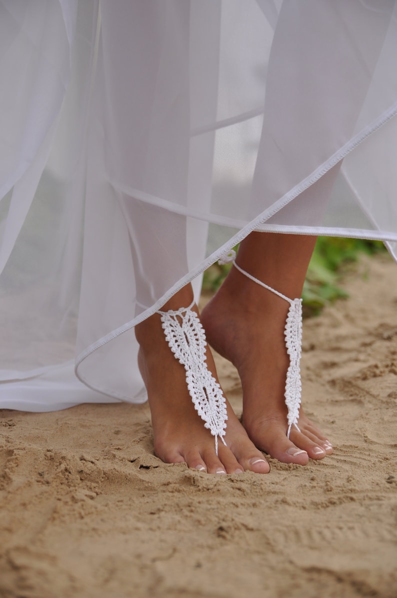 Bridal Barefoot Sandals White crochet barefoot sandals Bridal Foot jewelry Beach wedding barefoot sandals Lace shoes Beach wedding sandals image 1