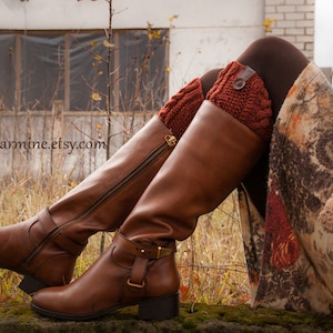 Boot socks, Rust Boot Cuff with leather and wooden button, Cable Knit Boot Topper, Faux Leg Warmers, Merino, Boot toppers, Boot cuffs