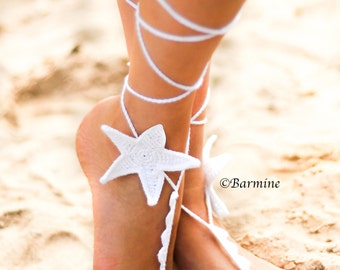 White Starfish Crochet Barefoot Sandals-Bridal accessory-Bridal jewelry-Beach wedding starfish jewelry-Sandals-Beach Pool party accessory