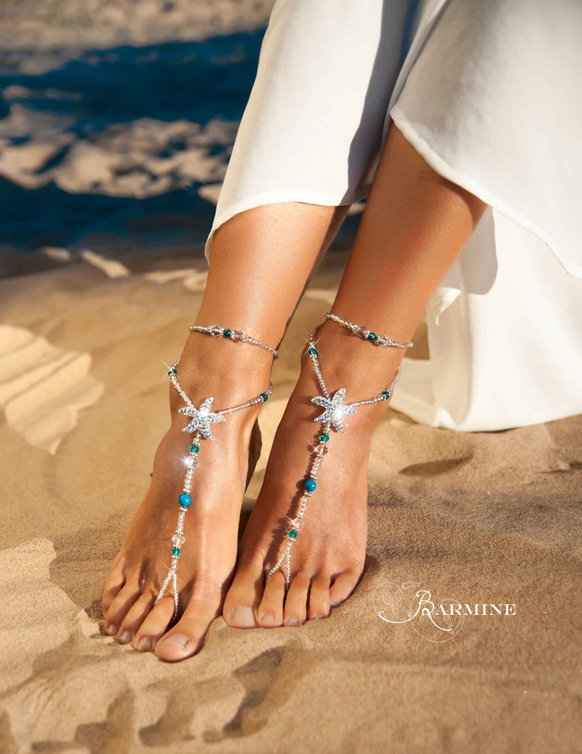 Silver Rhinestone Flower Bridal Hand Jewelry or Barefoot Beach Wedding Sandal 