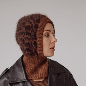 Cagoule léopard en laine mohair style casque, bonnet à capuche pour femme, Capuche floue, Bonnet à capuche élégant après-ski, Super chaud et doux