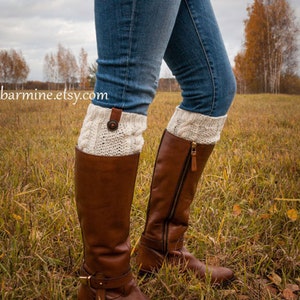 Navy Blue Boot Cuff with leather and wooden button, Cable Knit Boot Topper, Boot Socks, Faux Leg Warmers, Merino, Boot toppers, Boot cuffs image 3