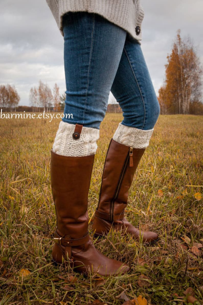 Navy Blue Boot Cuff with leather and wooden button, Cable Knit Boot Topper, Boot Socks, Faux Leg Warmers, Merino, Boot toppers, Boot cuffs image 3