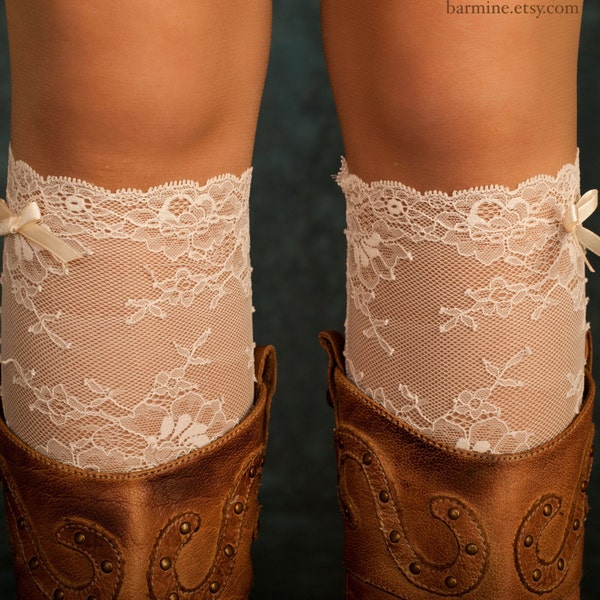 Lace boot cuff, lace boot sock, Lace leg warmers, Womens accessory, stretch Lace, Floral, Ivory boot topper