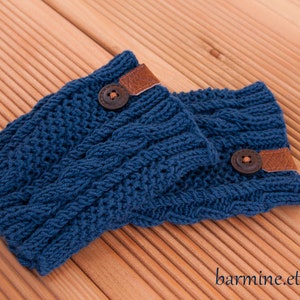 Navy Blue Boot Cuff with leather and wooden button, Cable Knit Boot Topper, Boot Socks, Faux Leg Warmers, Merino, Boot toppers, Boot cuffs image 2