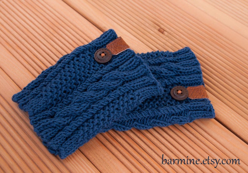 Navy Blue Boot Cuff with leather and wooden button, Cable Knit Boot Topper, Boot Socks, Faux Leg Warmers, Merino, Boot toppers, Boot cuffs image 2