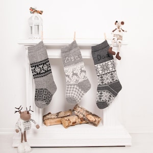 Personalized Christmas Stockings, White Grey, Knitted Christmas Stockings with handmade embroidery, Christmas decor, Monogrammed Stockings