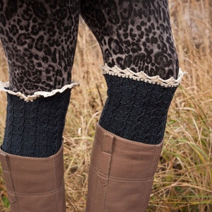 Charcoal grey cable knit leg warmers boot cuff, boot socks, legwarmer, with ivory hand crochet lace trim, women&#39;s socks