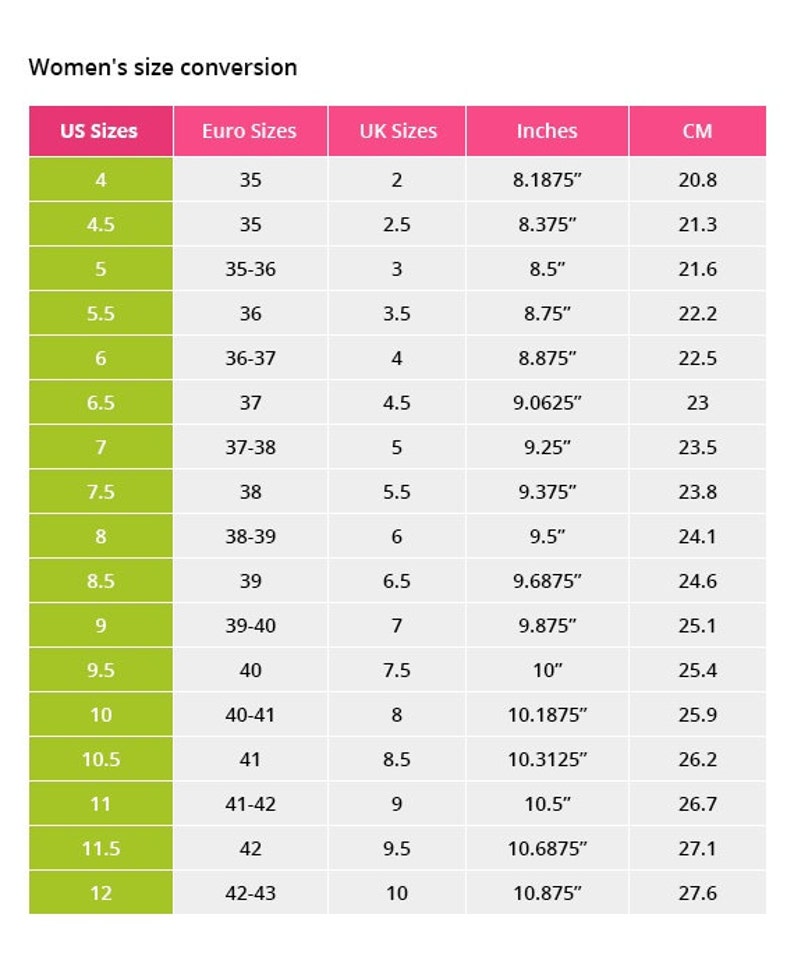 May include: A size conversion chart for women's shoes, displaying US, Euro, and UK sizes, along with measurements in inches and centimeters. The chart includes sizes from US 4 (20.8 cm) to US 12 (27.6 cm).