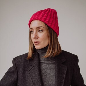 Merino wool beanie, rib-Knit hat women in hot pink, Cuffed hat women, Winter toque women, Knitted women cap, Cerise Designer stylish beanie