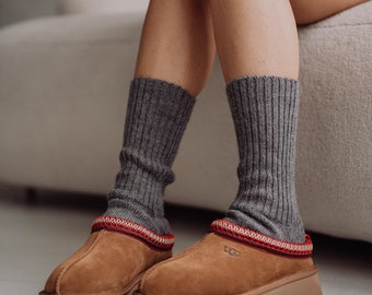 Chaussettes confortables en laine d'alpaga de couleur grise, parfaites pour les bottes UGG, naturelles et chaudes, chaussettes thermiques de luxe, extérieur intérieur, tricot artisanal