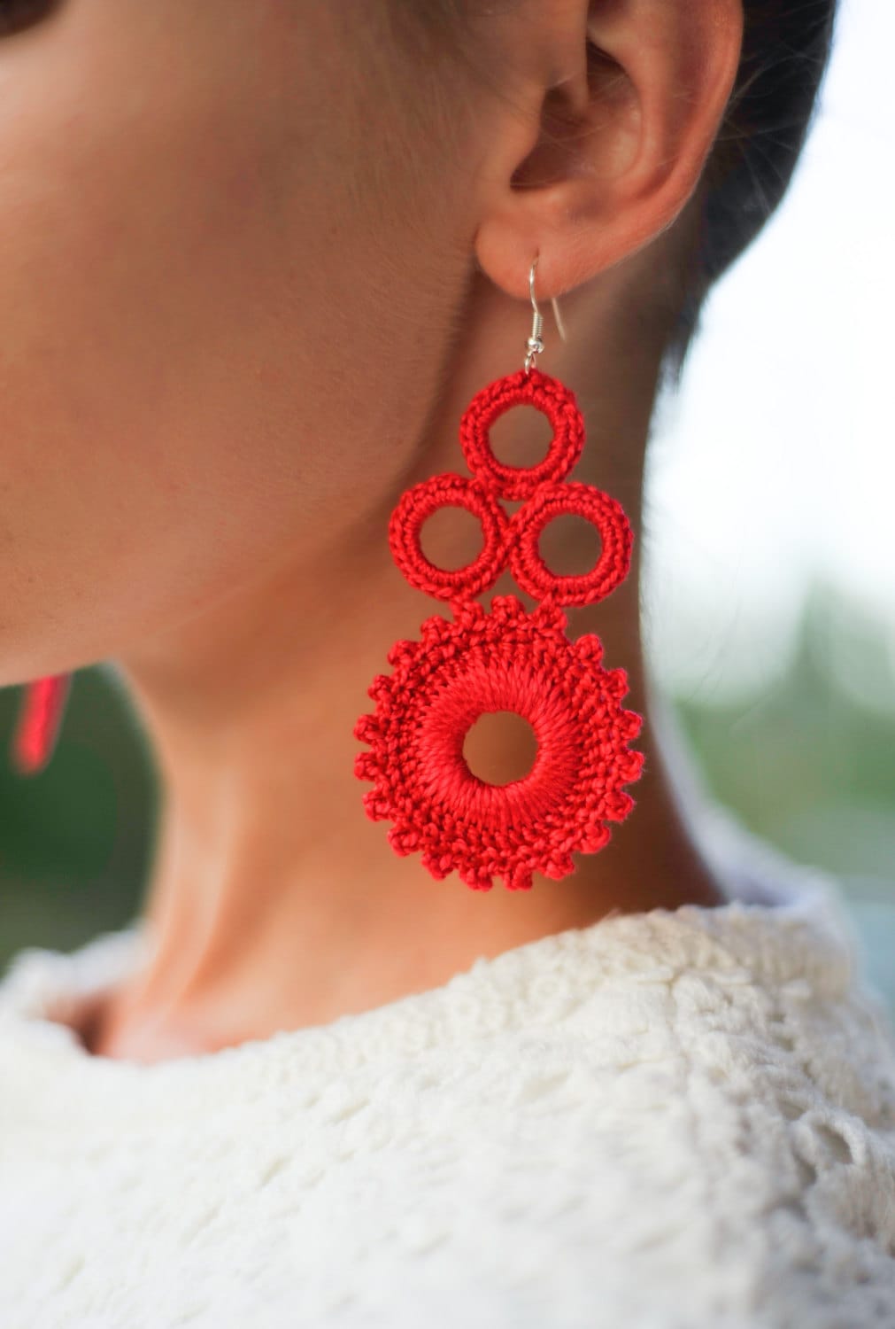 Red earrings, Gift idea for women, crochet statement earrings, gift under 15, gift for her, women's chandelier earrings, colors