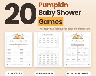 Fall Baby Shower Games Bundle, Little Pumpkin Printable Bingo, Word Scramble, Letter, A4 PDF