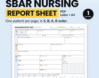 SBAR Nursing Report Sheet, 1 Patient Handoff, Printable PDF, Telemetry Box, Half Page