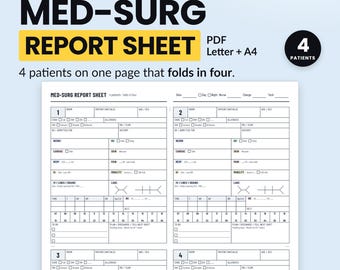 Med Surg Nurse Report Sheet, 4 Patients, Printable PDF, Editable Excel, Letter and A4