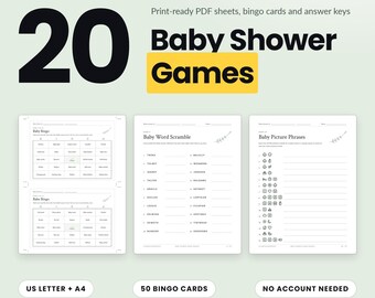 Baby Shower Games Bundle, Printable Bingo, Trivia, Word Scramble, Gender Neutral, Letter, A4 PDF