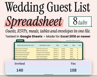 Wedding Guest List Spreadsheet, Google Sheets, Excel, RSVP Tracker, Meal Counts, Seating Chart, Envelopes