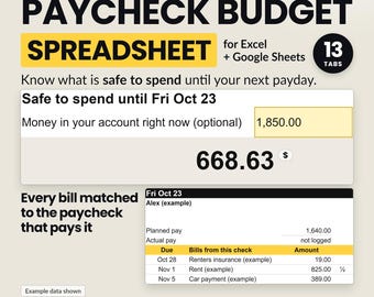 Paycheck Budget Spreadsheet, Google Sheets and Excel, Biweekly Planner with Bill Matching, 2 Earners